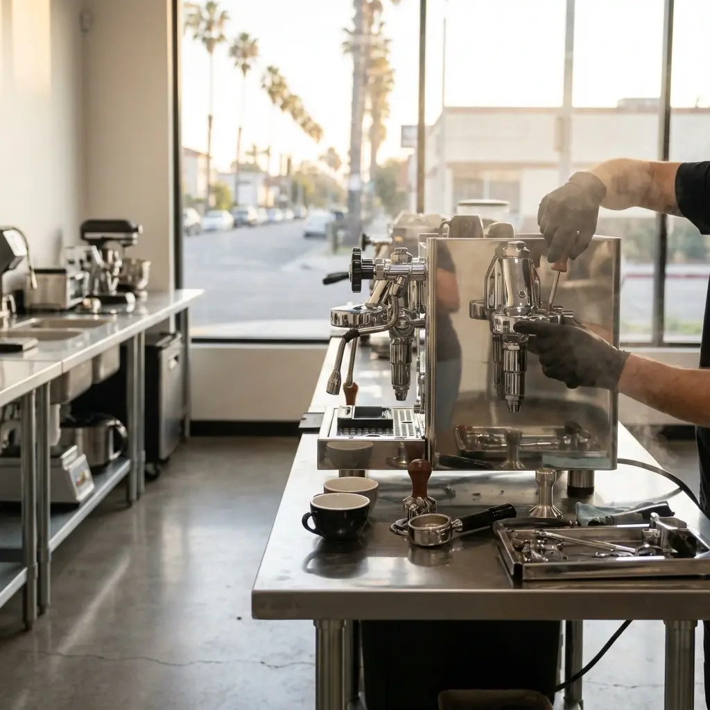 Technician servicing espresso equipment in a California cafe