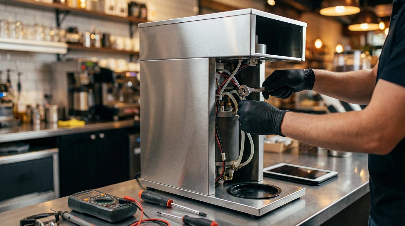 Technician repairing a commercial coffee brewer in a cafe
