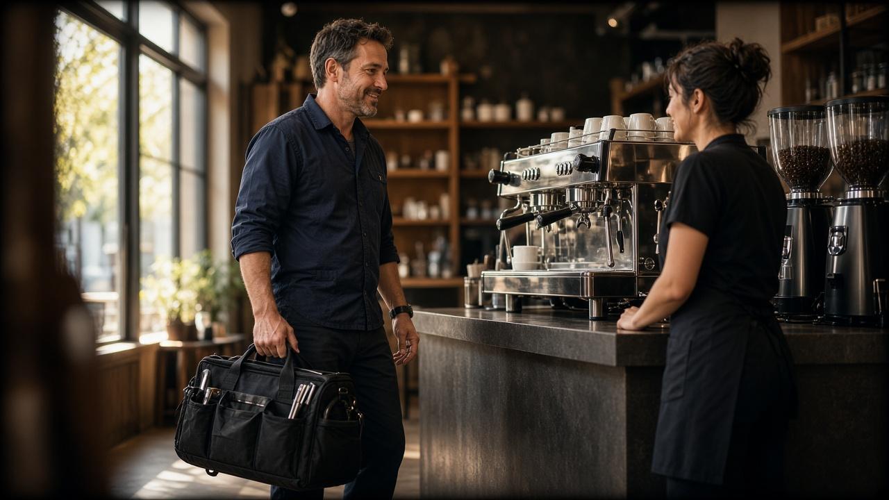 Technician arriving at a cafe to service commercial espresso equipment