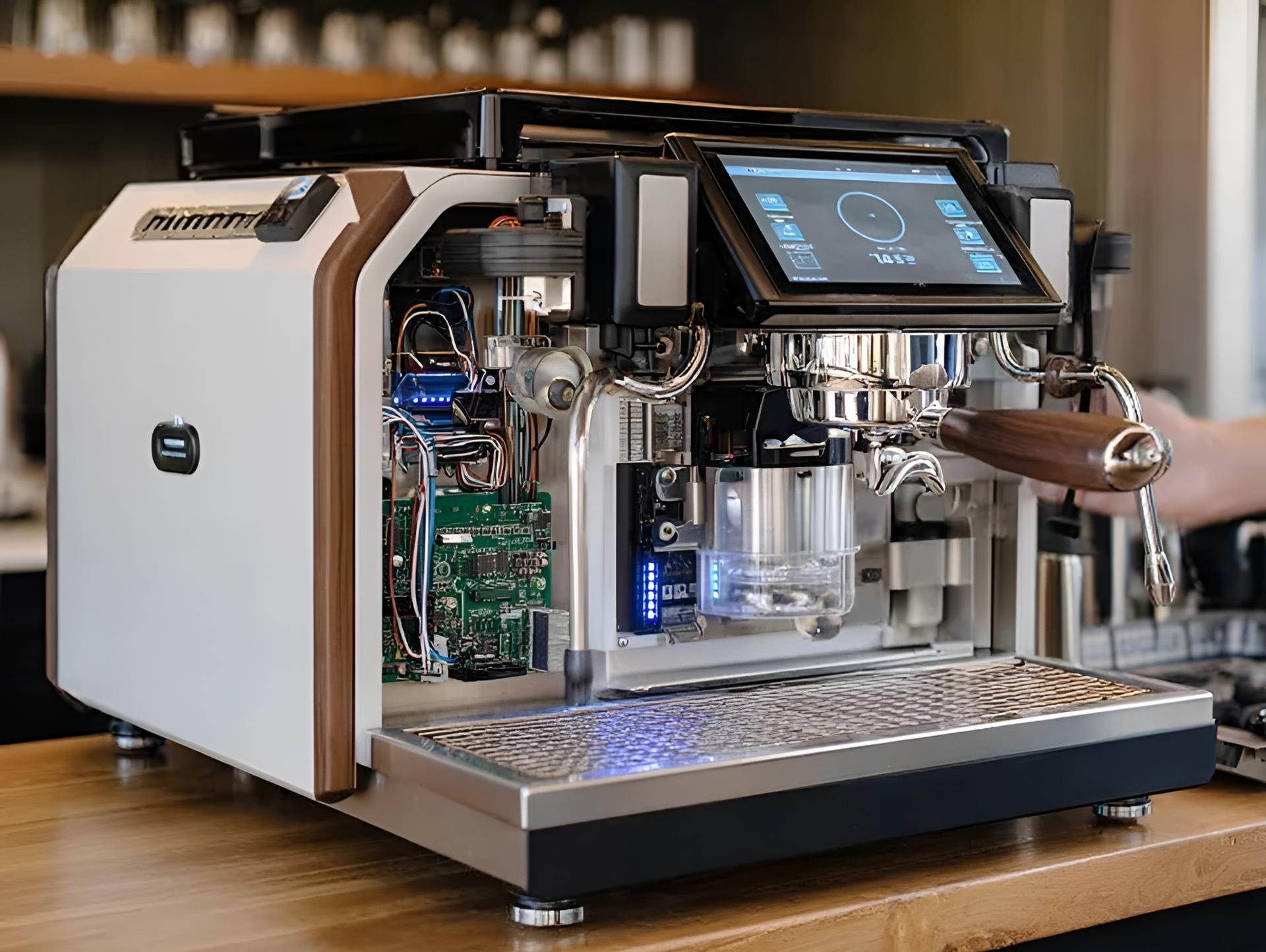 Professional installing a new commercial espresso machine in a coffee shop
