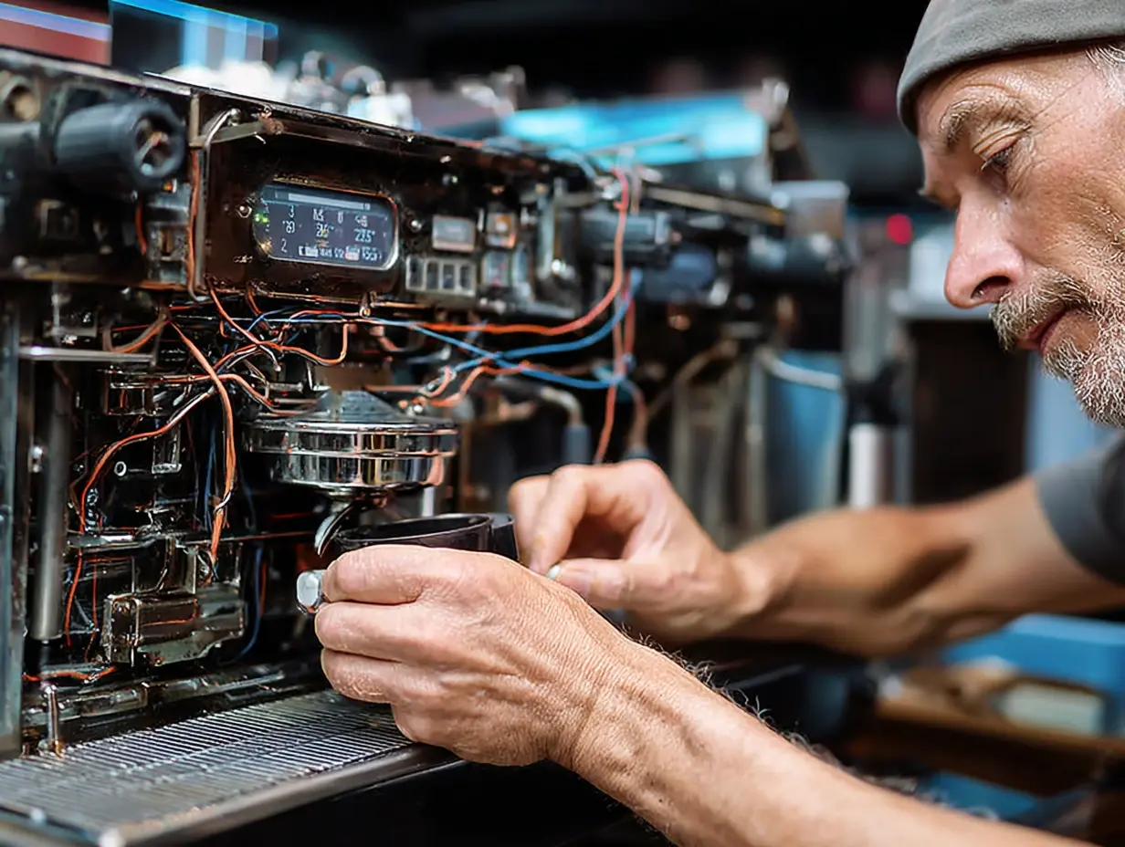 Technician performing preventative maintenance on commercial espresso equipment