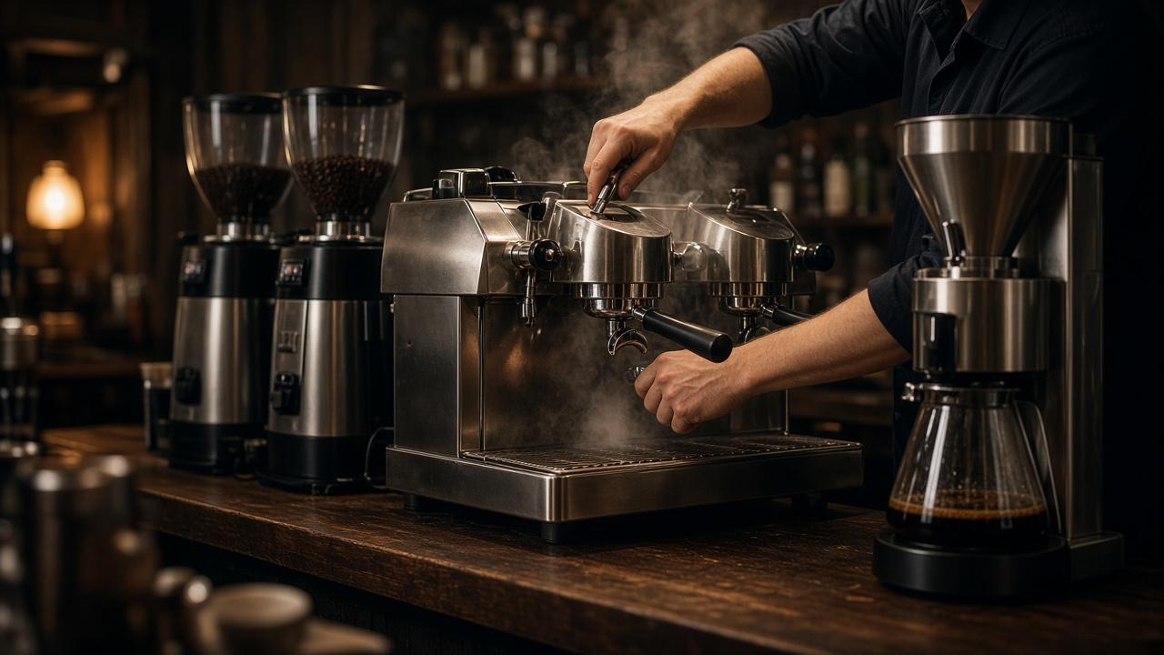 Technician working on a commercial espresso machine behind a cafe bar